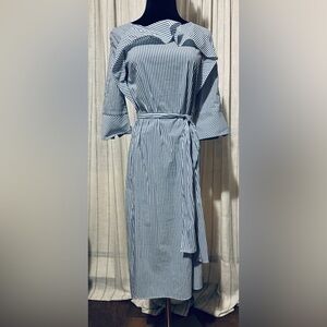 H&M Blue Striped Ruffle Midi Dress Size 2 Cotton Blend Coastal Prep